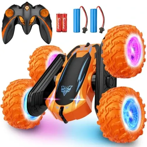 Remote Control Car, 2.4GHz Electric Race Stunt Car, 360° Rotating RC Car | Kids Car Toys, LED Headlights Double Sided RC 4WD High Speed Off Road Gift for 3 4 5 6 7 8-12 Year Old Boy Toys (Orange) - 1