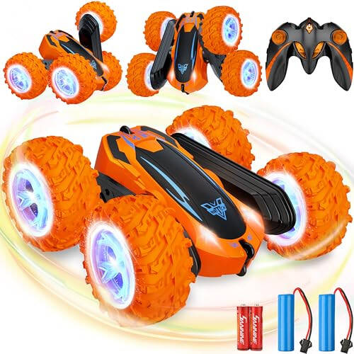 Remote Control Car, 2.4GHz Electric Race Stunt Car, Double Sided 360° Rolling Rotating Rotation, LED Headlights RC 4WD High Speed Off Road Gift for 3 4 5 6 7 8-12 Year Old Boy Toys (Orange) - 6