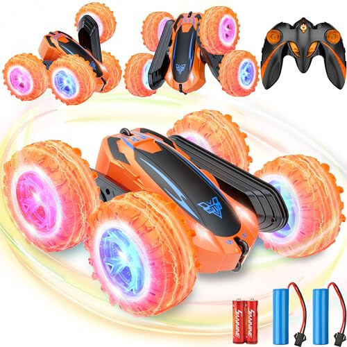 Remote Control Car, 2.4GHz Electric Race Stunt Car, Double Sided 360° Rolling Rotating Rotation, LED Headlights RC 4WD High Speed Off Road Gift for 3 4 5 6 7 8-12 Year Old Boy Toys (Orange) - 8