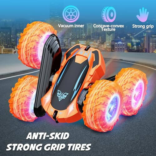 Remote Control Car, 2.4GHz Electric Race Stunt Car, Double Sided 360° Rolling Rotating Rotation, LED Headlights RC 4WD High Speed Off Road Gift for 3 4 5 6 7 8-12 Year Old Boy Toys (Orange) - 12