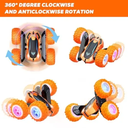 Remote Control Car, 2.4GHz Electric Race Stunt Car, Double Sided 360° Rolling Rotating Rotation, LED Headlights RC 4WD High Speed Off Road Gift for 3 4 5 6 7 8-12 Year Old Boy Toys (Orange) - 3