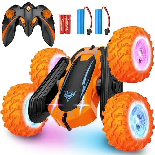 Remote Control Car, 2.4GHz Electric Race Stunt Car, Double Sided 360° Rolling Rotating Rotation, LED Headlights RC 4WD High Speed Off Road Gift for 3 4 5 6 7 8-12 Year Old Boy Toys (Orange) - REMOTE