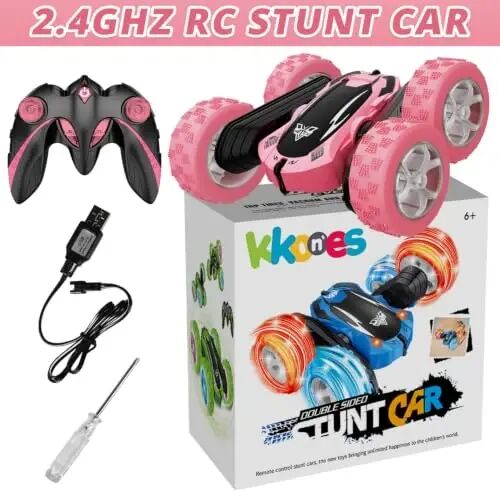 Remote Control Car, 2.4GHz RC Stunt Car, Double Sided Rotating RC Cars | LED Headlight & LED Wheel, 360° Flips High Speed Off Road RC Crawler Xmas Gift for 5 6 7 8-12 Year Old Girls Toys (Pink) - Remote (1)