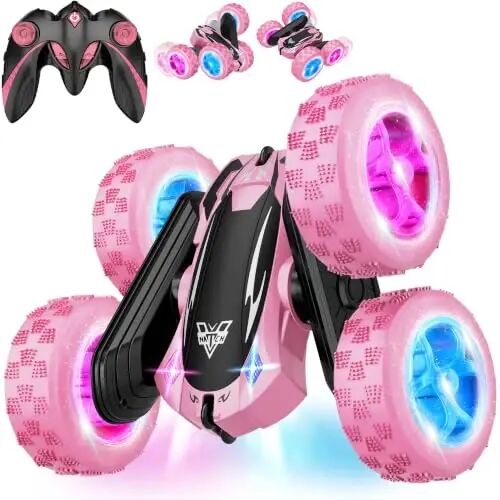 Remote Control Car, 2.4GHz RC Stunt Car, Double Sided Rotating RC Cars | LED Headlight & LED Wheel, 360° Flips High Speed Off Road RC Crawler Xmas Gift for 5 6 7 8-12 Year Old Girls Toys (Pink) - 1