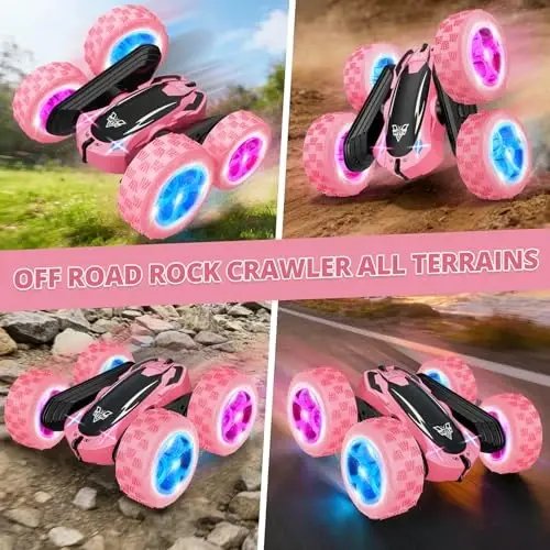 Remote Control Car, 2.4GHz RC Stunt Car, Double Sided Rotating RC Cars | LED Headlight & LED Wheel, 360° Flips High Speed Off Road RC Crawler Xmas Gift for 5 6 7 8-12 Year Old Girls Toys (Pink) - 3