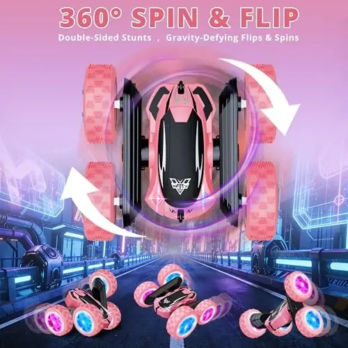 Remote Control Car, 2.4GHz RC Stunt Car, Double Sided Rotating RC Cars | LED Headlight & LED Wheel, 360° Flips High Speed Off Road RC Crawler Xmas Gift for 5 6 7 8-12 Year Old Girls Toys (Pink) - 4