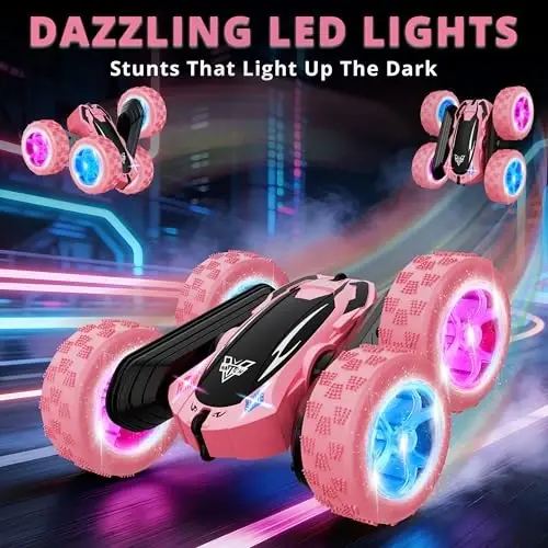 Remote Control Car, 2.4GHz RC Stunt Car, Double Sided Rotating RC Cars | LED Headlight & LED Wheel, 360° Flips High Speed Off Road RC Crawler Xmas Gift for 5 6 7 8-12 Year Old Girls Toys (Pink) - 5