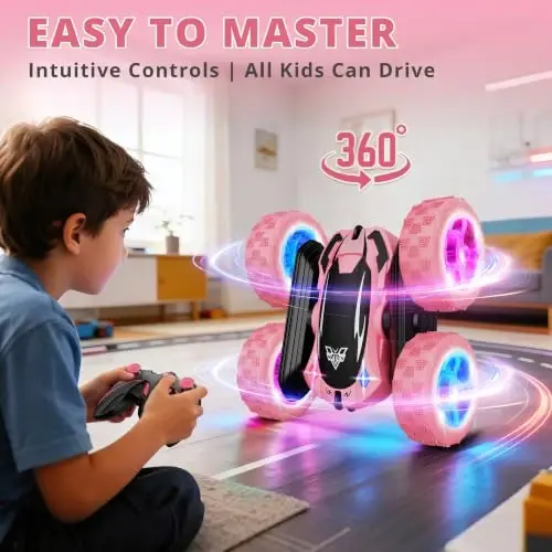 Remote Control Car, 2.4GHz RC Stunt Car, Double Sided Rotating RC Cars | LED Headlight & LED Wheel, 360° Flips High Speed Off Road RC Crawler Xmas Gift for 5 6 7 8-12 Year Old Girls Toys (Pink) - 6