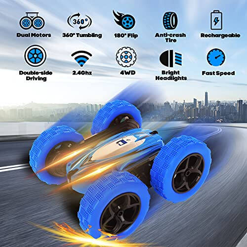 Remote Control Car, 4WD RC Cars with Double Sided 360 Degrees Tumbling and Rotating, 2.4GHZ RC Stunt Car with LED, RC Car Toys for 8 Year Old Boys Girls - 2