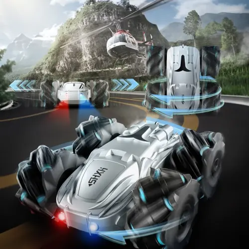 Remote Control Car, Double Sided 360° Rotating 4WD RC Cars, 2.4GHz Electric Race Stunt Toy Car, Rechargeable Toy Cars for Boys Girls Birthday (Silver) - 8