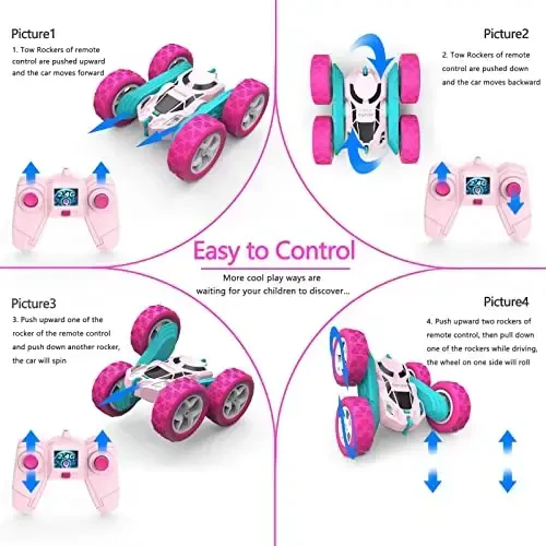Remote Control Car for Girls Pink RC Car Double Sided 360°Flip Stunt Car with Headlights, Girl Princess Toys Rechargeable Toy Car for 6-7 6-8 9 10-12 Year Old Girls Birthday - 4