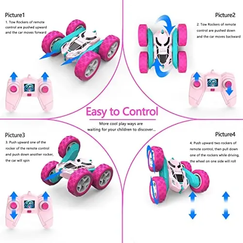 Remote Control Car for Girls Pink RC Car Double Sided 360°Flip Stunt Car with Headlights, Girl Princess Toys Rechargeable Toy Car for 6-7 6-8 9 10-12 Year Old Girls Birthday - 4