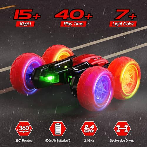 Remote Control Car RC Cars, 360°Rotating RC Race Car Toy with Headlight Wheel Light, 2.4Ghz Double-Side Roll 4WD Rock Crawler, Birthday Gifts for Boys Girls Age 3+ Year Old Kids Toys (Red) - 3