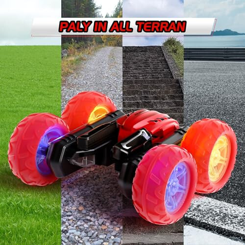 Remote Control Car RC Cars, 360°Rotating RC Race Car Toy with Headlight Wheel Light, 2.4Ghz Double-Side Roll 4WD Rock Crawler, Birthday Gifts for Boys Girls Age 3+ Year Old Kids Toys (Red) - 6