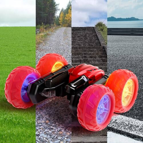 Remote Control Car RC Cars, 360°Rotating RC Race Car Toy with Headlight Wheel Light, 2.4Ghz Double-Side Roll 4WD Rock Crawler, Birthday Gifts for Boys Girls Age 3+ Year Old Kids Toys (Red) - 1