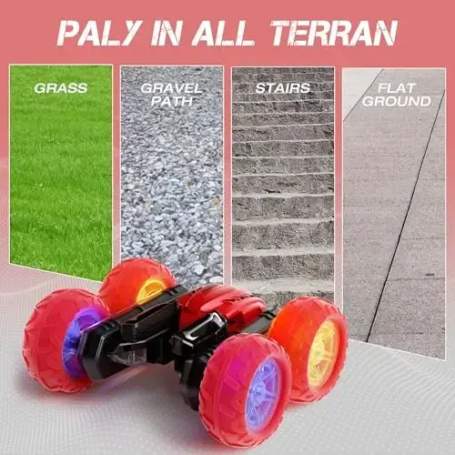 Remote Control Car RC Cars, 360°Rotating RC Race Car Toy with Headlight Wheel Light, 2.4Ghz Double-Side Roll 4WD Rock Crawler, Birthday Gifts for Boys Girls Age 3+ Year Old Kids Toys (Red) - 3