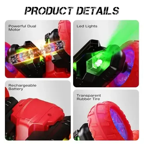 Remote Control Car RC Cars, 360°Rotating RC Race Car Toy with Headlight Wheel Light, 2.4Ghz Double-Side Roll 4WD Rock Crawler, Birthday Gifts for Boys Girls Age 3+ Year Old Kids Toys (Red) - 4