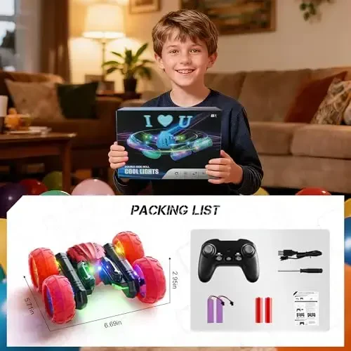 Remote Control Car RC Cars, 360°Rotating RC Race Car Toy with Headlight Wheel Light, 2.4Ghz Double-Side Roll 4WD Rock Crawler, Birthday Gifts for Boys Girls Age 3+ Year Old Kids Toys (Red) - 6