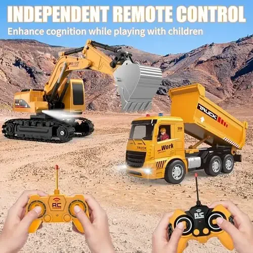 Remote Control Excavator and Dump Truck Toy Set - RC Construction Vehicles Toy with Barricades, Road Signs, Simulated Rocks, Lights and Sounds, Birthday Gifts for Toddlers 3-12 year Boys Girls - 3