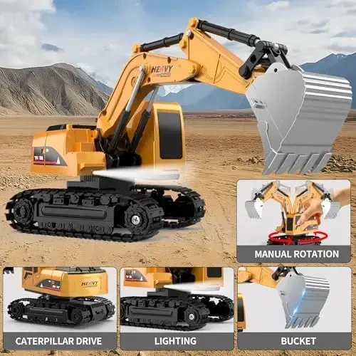 Remote Control Excavator and Dump Truck Toy Set - RC Construction Vehicles Toy with Barricades, Road Signs, Simulated Rocks, Lights and Sounds, Birthday Gifts for Toddlers 3-12 year Boys Girls - 5