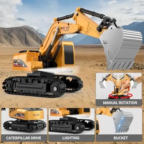 Remote Control Excavator and Dump Truck Toy Set - RC Construction Vehicles Toy with Barricades, Road Signs, Simulated Rocks, Lights and Sounds, Birthday Gifts for Toddlers 3-12 year Boys Girls - 5