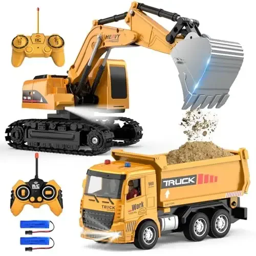 Remote Control Excavator and Dump Truck Toy Set - RC Construction Vehicles Toy with Barricades, Road Signs, Simulated Rocks, Lights and Sounds, Present for Toddlers 3-12 year Boys Girls - MQDMINI