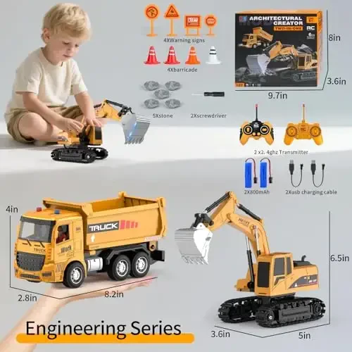 Remote Control Excavator and Dump Truck Toy Set - RC Construction Vehicles Toy with Barricades, Road Signs, Simulated Rocks, Lights and Sounds, Present for Toddlers 3-12 year Boys Girls - MQDMINI (1)
