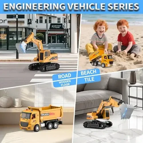Remote Control Excavator and Dump Truck Toy Set - RC Construction Vehicles Toy with Barricades, Road Signs, Simulated Rocks, Lights and Sounds, Present for Toddlers 3-12 year Boys Girls - 3