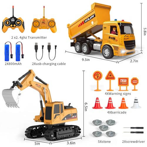 Remote Control Excavator and Dump Truck Toy Set - RC Construction Vehicles Toy with Barricades, Road Signs, Simulated Rocks, Lights and Sounds, Present for Toddlers 3-12 year Boys Girls - 2