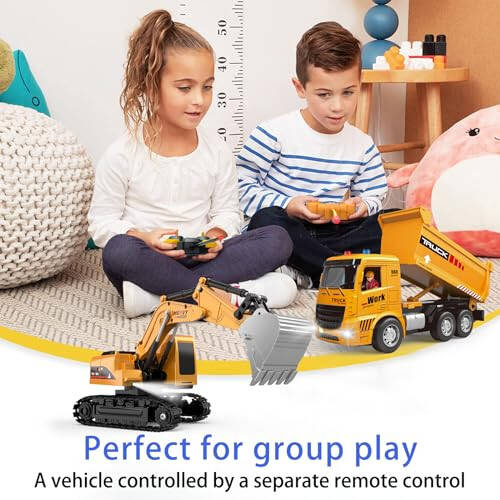 Remote Control Excavator and Dump Truck Toy Set - RC Construction Vehicles Toy with Barricades, Road Signs, Simulated Rocks, Lights and Sounds, Present for Toddlers 3-12 year Boys Girls - 4