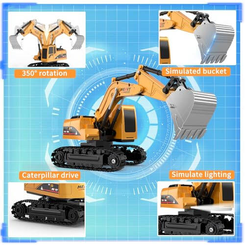 Remote Control Excavator and Dump Truck Toy Set - RC Construction Vehicles Toy with Barricades, Road Signs, Simulated Rocks, Lights and Sounds, Present for Toddlers 3-12 year Boys Girls - 6