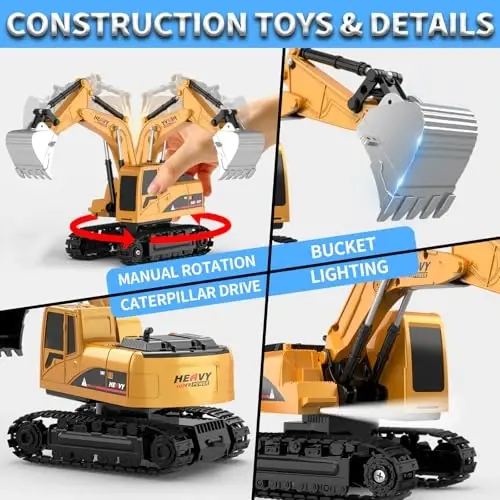 Remote Control Excavator and Dump Truck Toy Set - RC Construction Vehicles Toy with Barricades, Road Signs, Simulated Rocks, Lights and Sounds, Present for Toddlers 3-12 year Boys Girls - 4