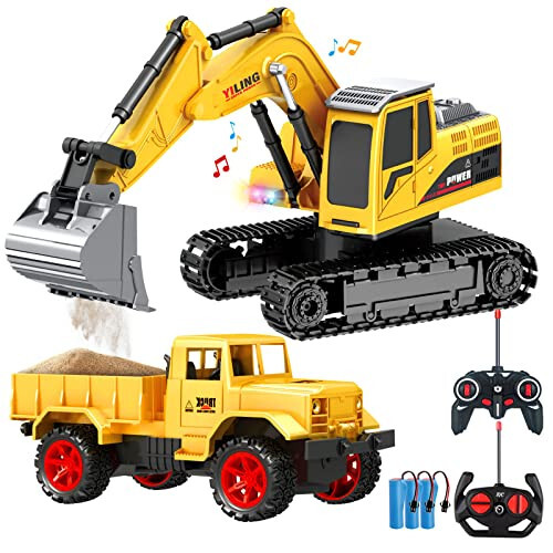Remote Control Excavator & Dump Truck Toy for Kids(Set of 2) with Lights and Sounds,Construction Vehicles RC Trucks Toys for Boys Kids 3 4 5 6 7 8 9 10 Year... - Remote