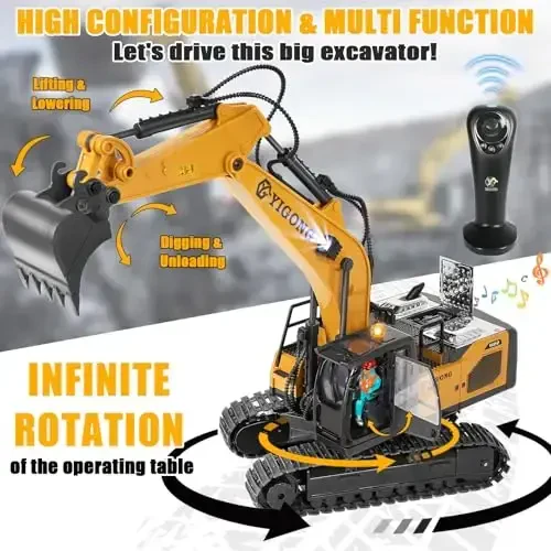 Remote Control Excavator for Boy 6 7 8 9 Years Old, 2.4 GHz Gravity Controlled Excavator Toys with Lights Sound, Rechargeable 11 CH RC Construction Vehicles Metal Shovel, Gifts for Kids 6-12 Year Old - 3