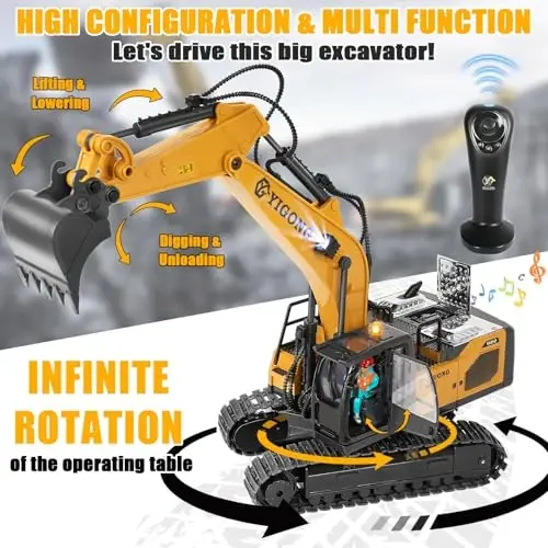 Remote Control Excavator for Boy 6 7 8 9 Years Old, 2.4 GHz Gravity Controlled Excavator Toys with Lights Sound, Rechargeable 11 CH RC Construction Vehicles Metal Shovel, Gifts for Kids 6-12 Year Old - 3