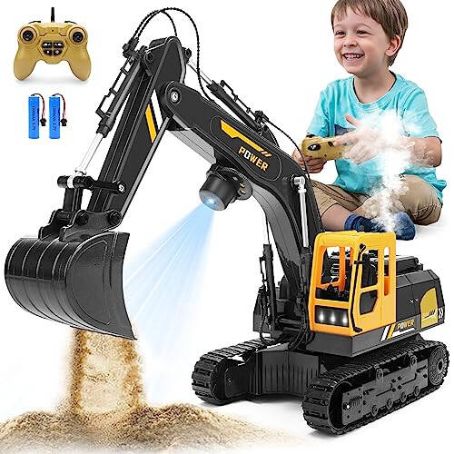 Remote Control Excavator Toys for Boys - 12 Channel Metal Shovel RC Excavator with Spray & LED Lights, RC Construction Vehicles with 2 Batteries, Gifts for Kids Boys Girls Age 3-5 4-7 8-12 Year Old - 1