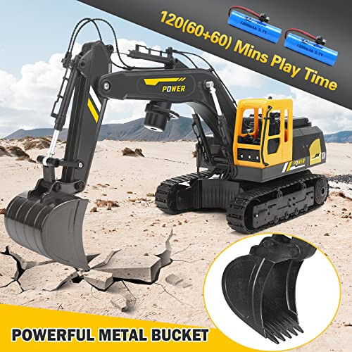 Remote Control Excavator Toys for Boys - 12 Channel Metal Shovel RC Excavator with Spray & LED Lights, RC Construction Vehicles with 2 Batteries, Gifts for Kids Boys Girls Age 3-5 4-7 8-12 Year Old - 2