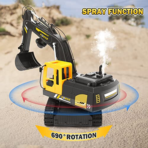 Remote Control Excavator Toys for Boys - 12 Channel Metal Shovel RC Excavator with Spray & LED Lights, RC Construction Vehicles with 2 Batteries, Gifts for Kids Boys Girls Age 3-5 4-7 8-12 Year Old - 3