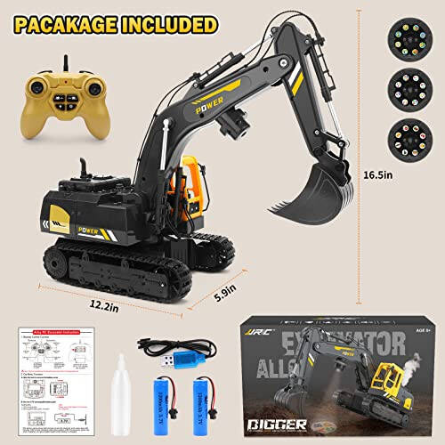 Remote Control Excavator Toys for Boys - 12 Channel Metal Shovel RC Excavator with Spray & LED Lights, RC Construction Vehicles with 2 Batteries, Gifts for Kids Boys Girls Age 3-5 4-7 8-12 Year Old - 6