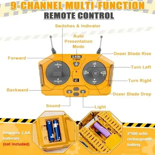 Remote Controlled Bulldozer, 9-Channel Metal RC Construction Vehicle Toy with Lights, Sound, and Rechargeable Battery, Remote Controlled Bulldozer Toy Gift for Kids Boys Girls Aged 4-12 (2.4 GHz) - 5