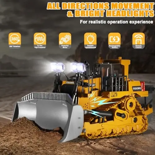 Remote Controlled Bulldozer, 9-Channel Metal RC Construction Vehicle Toy with Lights, Sound, and Rechargeable Battery, Remote Controlled Bulldozer Toy Gift for Kids Boys Girls Aged 4-12 (2.4 GHz) - 3