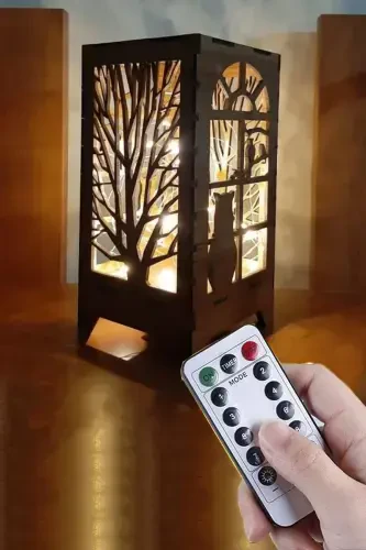 Remote Controlled Functional LED Wooden Laser Cut Table and Night Lamp LED Battery Operated Batteries Included-Daylight - 1