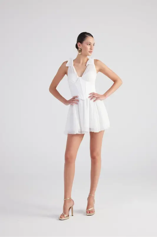 Removable Corset Detailed Mini Chiffon Fiona Dress White - 3