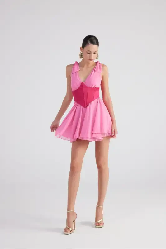 Removable Corset Globe Mini Chiffon Fiona Dress Pink - 6