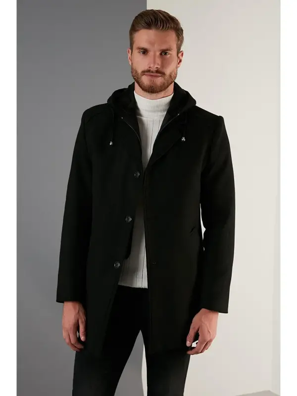 Removable Hooded Mottled Slim Fit Cashmere Coat 5841013-Black - 1