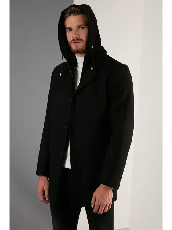 Removable Hooded Mottled Slim Fit Cashmere Coat 5841013-Black - 2