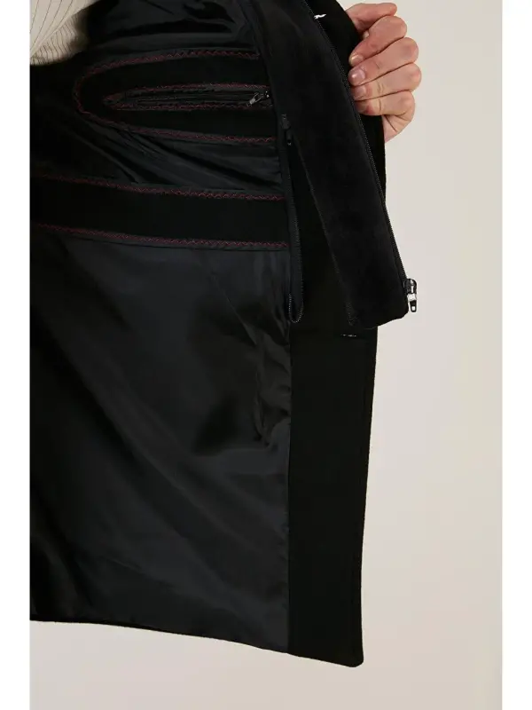 Removable Hooded Mottled Slim Fit Cashmere Coat 5841013-Black - 5