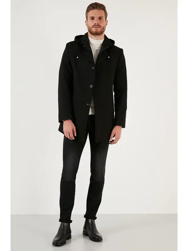 Removable Hooded Mottled Slim Fit Cashmere Coat 5841013-Black - 6