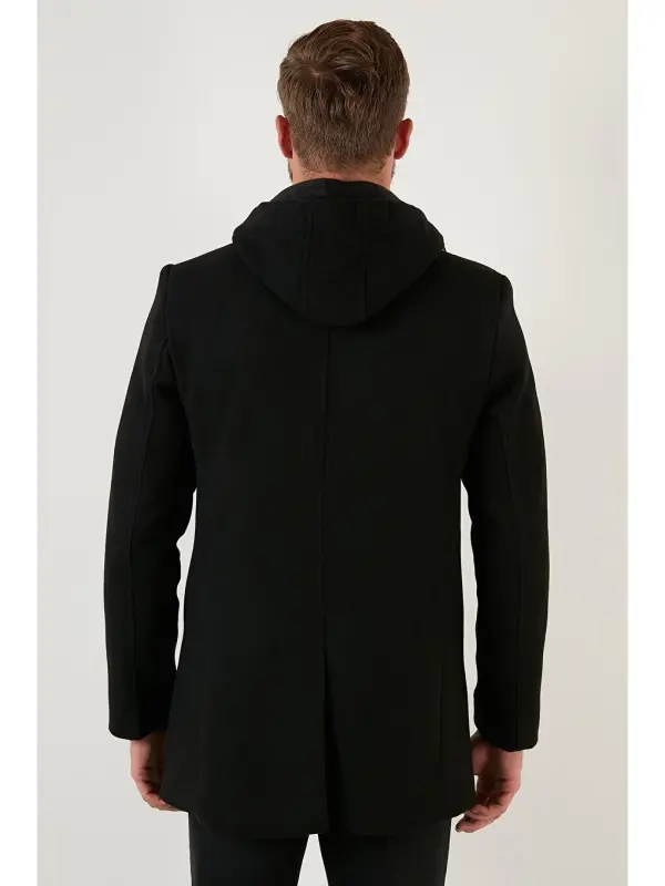Removable Hooded Mottled Slim Fit Cashmere Coat 5841013-Black - 7