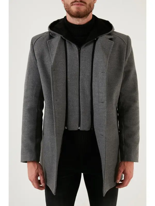 Removable Hooded Mottled Slim Fit Cashmere Coat 5841013-Gray - 5